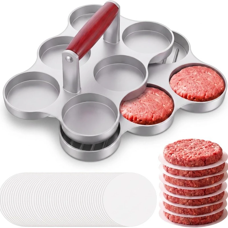 Mini 6 Hole Non Stick Hamburger Patty Maker Press with 100 Silicone Papers Manual Beef Burger Mold 2.64 Inch BBQ Kitchen Cooking