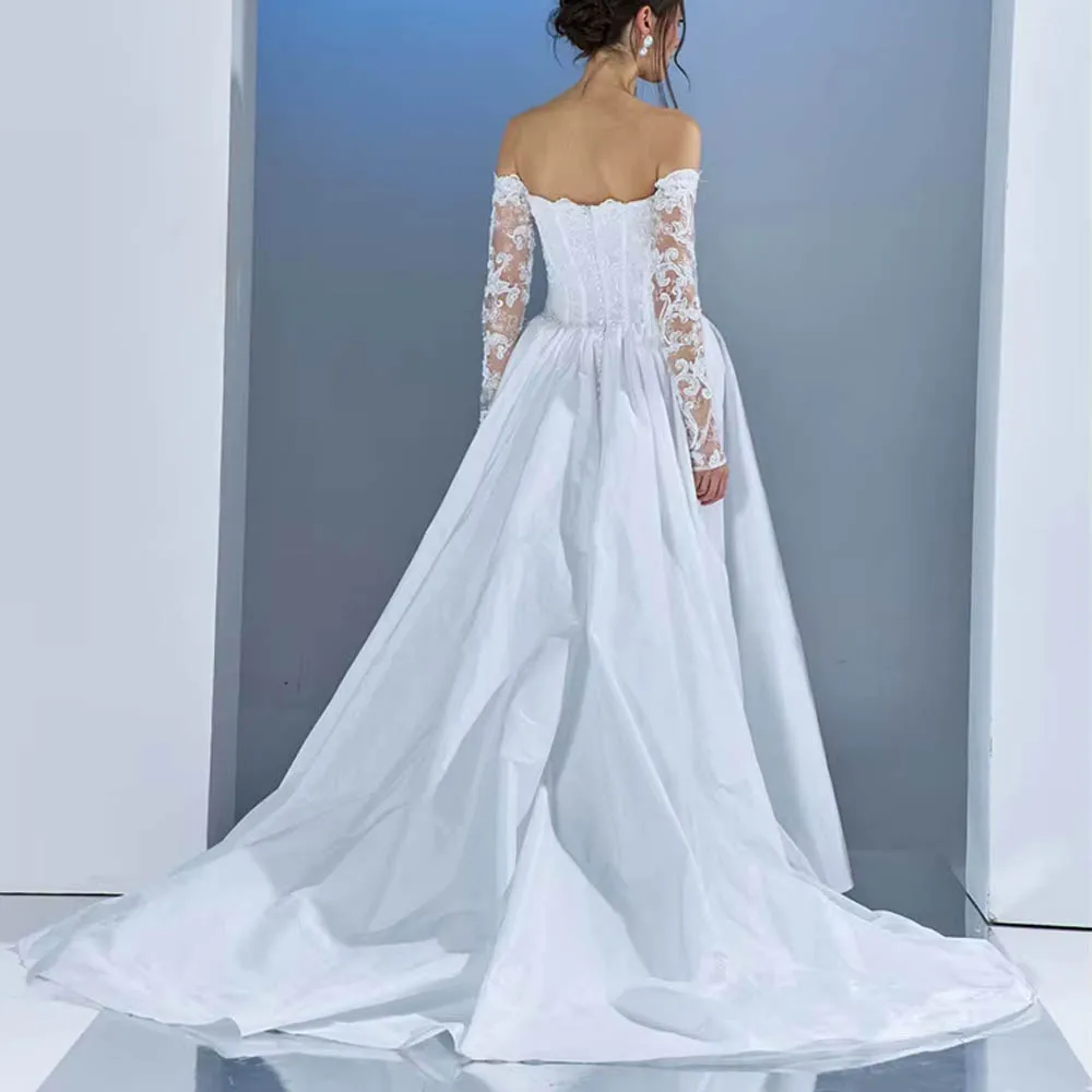 Suknia ślubna na zamówienie z odkrytymi ramionami dla panny młodej, długie rękawy, dekolt w kształcie serca, satynowa, do ziemi, z trenem.