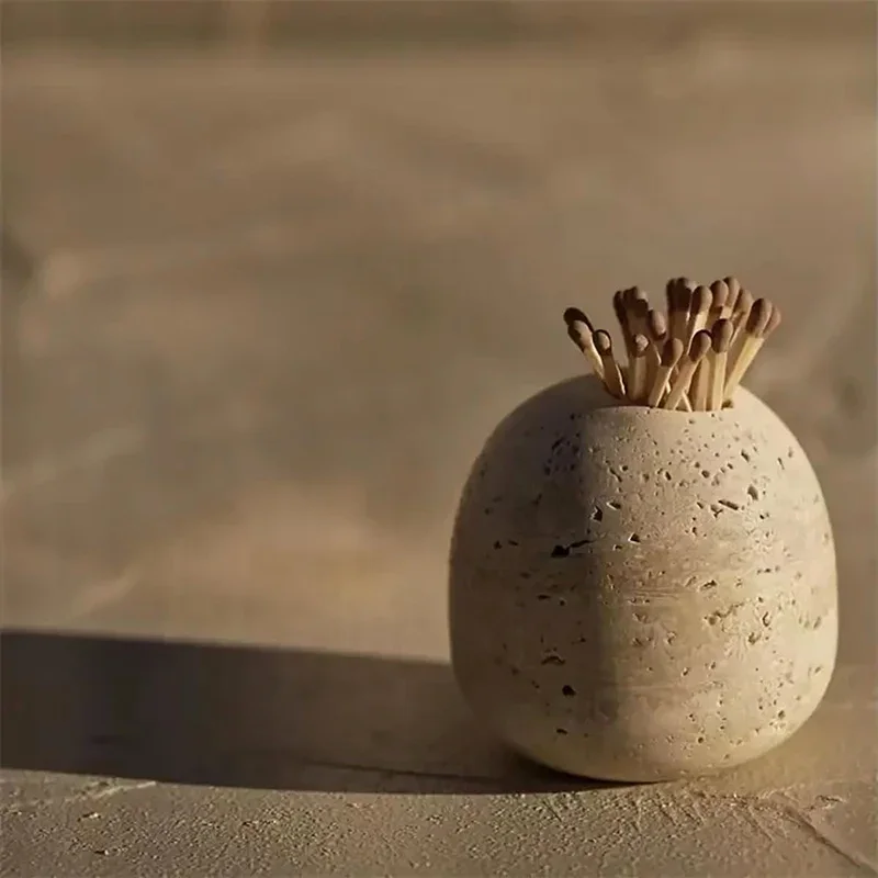

Cute Beige Matches Jar Matchstick Holder Decorative Travertine Toothpick Holder Home Decor