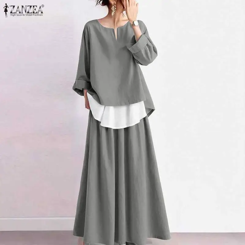 ZANZEA Frauen Mode Kleid Sets 2026 Herbst Langarm Farbe Patchwork Tops und Maxi Röcke Elegante 2 stücke Casual Straße Outfits