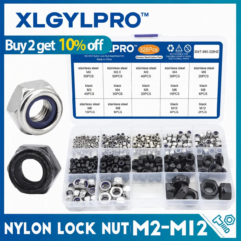 XLGYLPRO Nylon Lock Nut Set Black Zinc-Coated Carbon Steel M2-M12 Hex Lock Nuts Self-Locking Nut Combo Kit DIN985