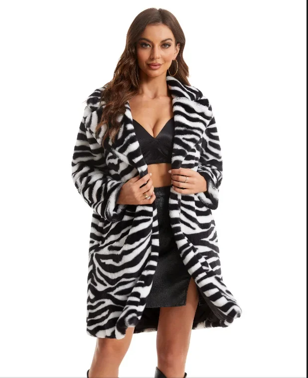 Zebra Striped Faux Fur Coat Women Long Coats 2024 Turn Down Collar Jackets Long Sleeve Autumn Winter Loose Maxi Elegant Jacket