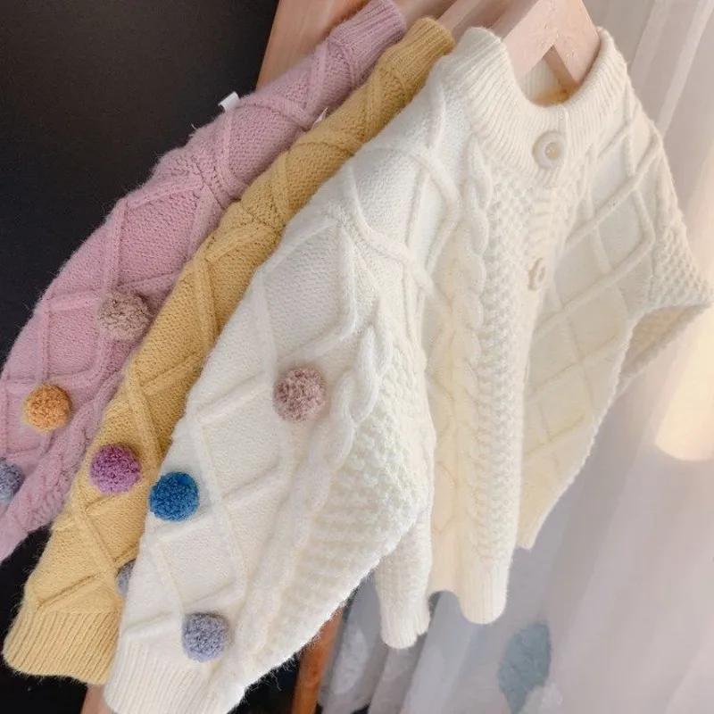 Girls Cardigan Sweater Spring Fall New Kids Sweet Cute Pompom Knitted Jacket Toddler Warm Outerwear Children Clothing