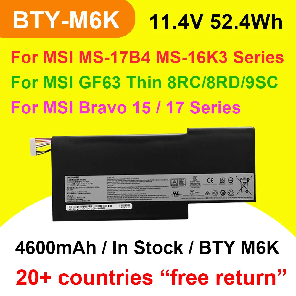 For MSI GF63 Thin 8RC/8RD/9SC GF65 Thin 9SE/SX Bravo 15/17 MS-17B4 MS-16K3 Series BTY-M6K Laptop Battery 11.4V 52.4Wh In Stock