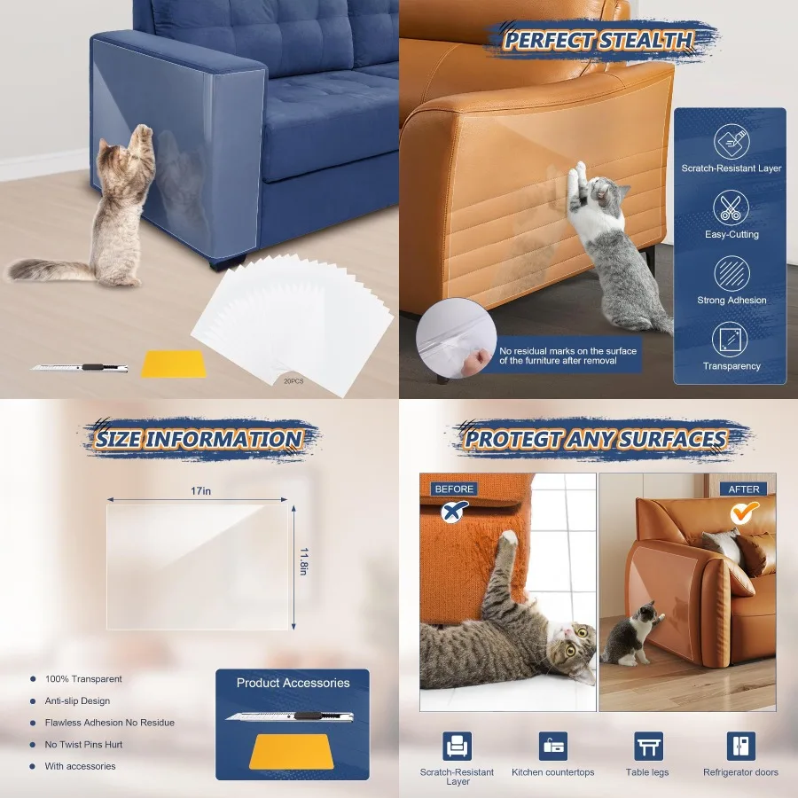 

17 x 11,8 дюймов, 20 упаковок, защитная лента для мебели от царапин для кошек, для диванов и стульев, самоклеящаяся лента от царапин, с функцией легкого удаления