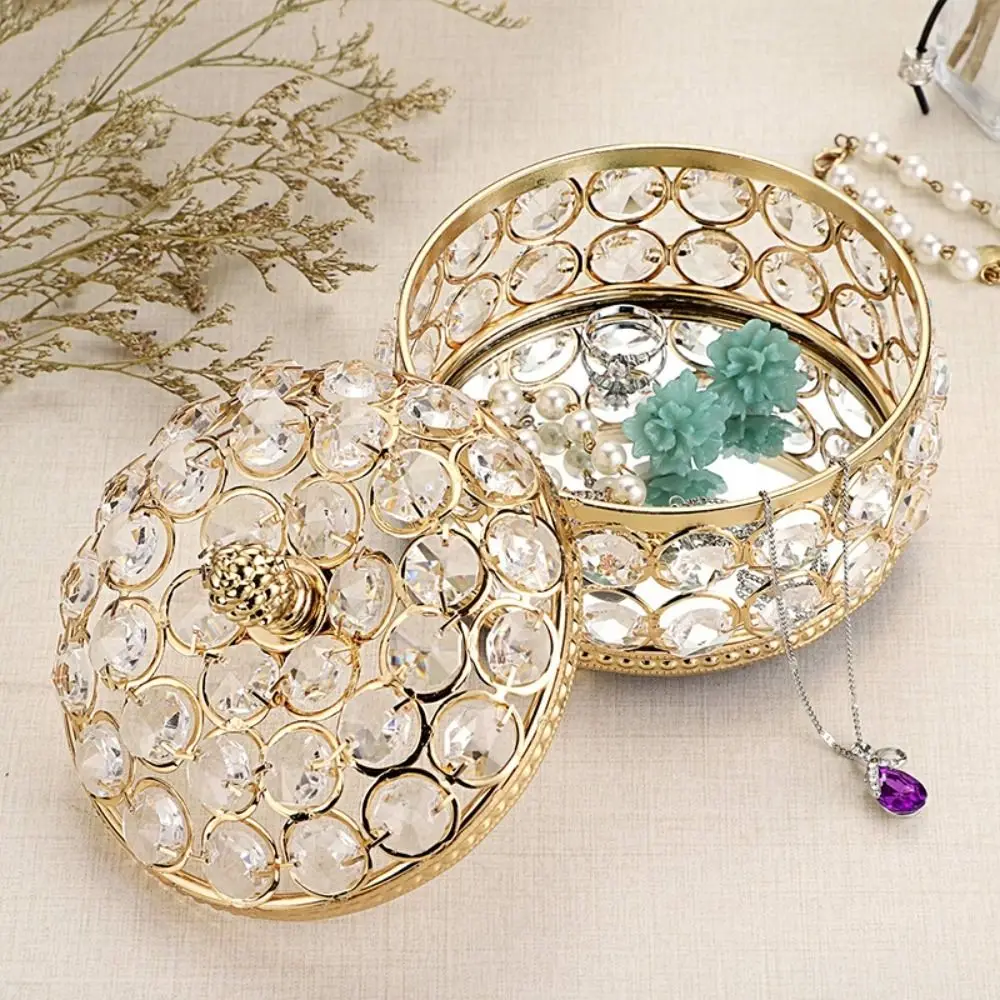 Vintage Luxury Crystal Jewelry Box Sparkling Round Earring Organizer Handheld Decorative Case Keepsake Box Home Decor
