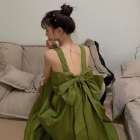 Holiday Women Dresses Green Summer Japanese Style Cute Bow Design Spaghetti Straps Female Party Wear Casual Loose Soft Vestidos