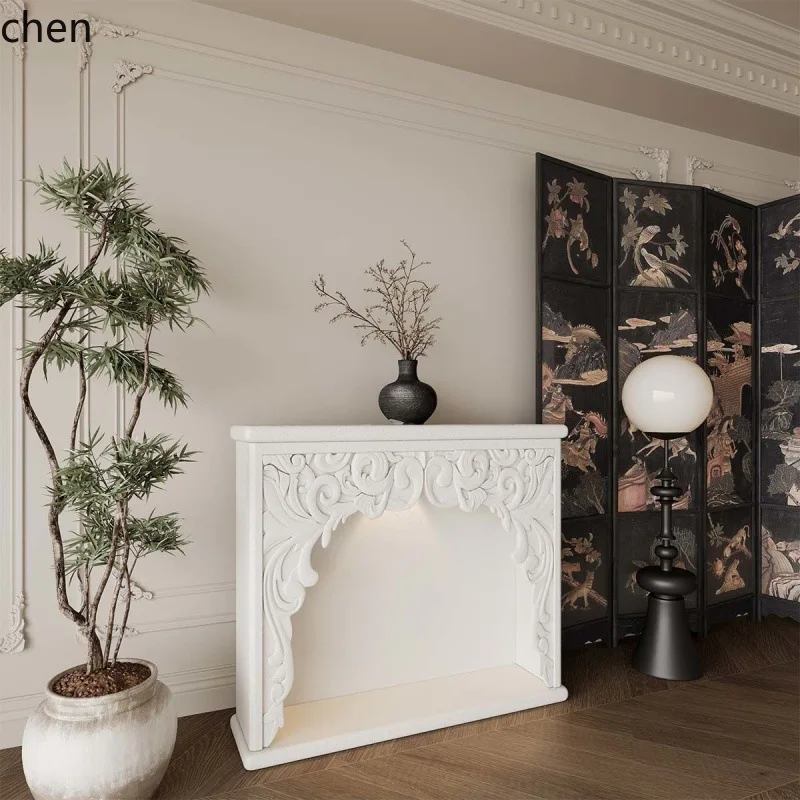 HT  Cream Style Living Room Carved Decorative Cabinet with Lighting for Display and Photography Entrance Cabinet