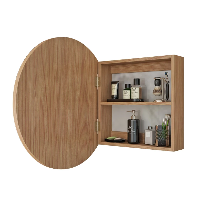 

Bathroom round mirror solid wood simple Japanese toilet wall-mounted mirror case shelf bedroom makeup mirror