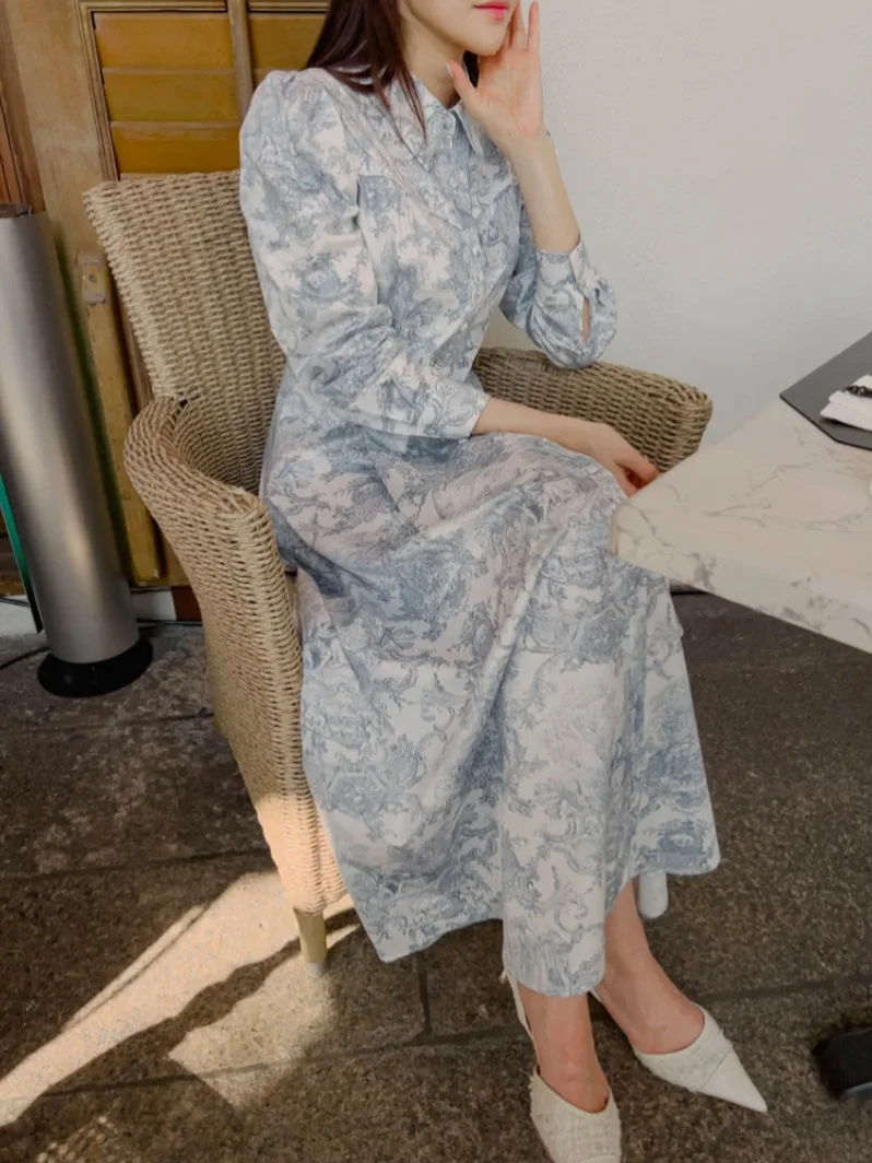 Ele rétro Long Sve Dr avec ceinture taille et col chiffre d'affaires conception de peinture à l'encre traditionnelle chinoise Faion pour femmes