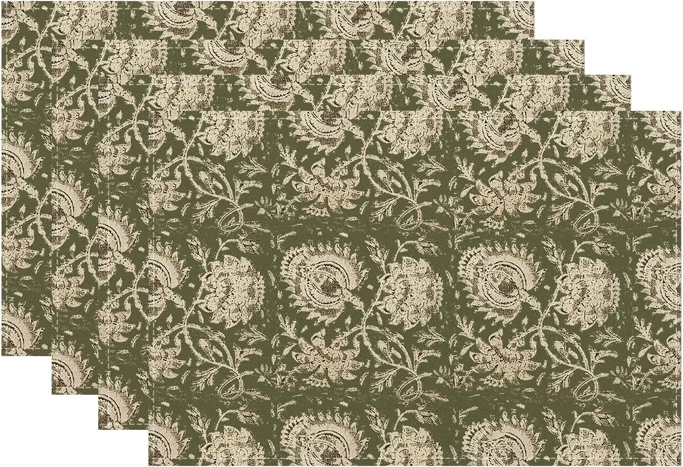 4/6/8pc Block Print Placemat Set, Boho Indian Floral Pattern Olive Green Linen Table Mats for Dining Table