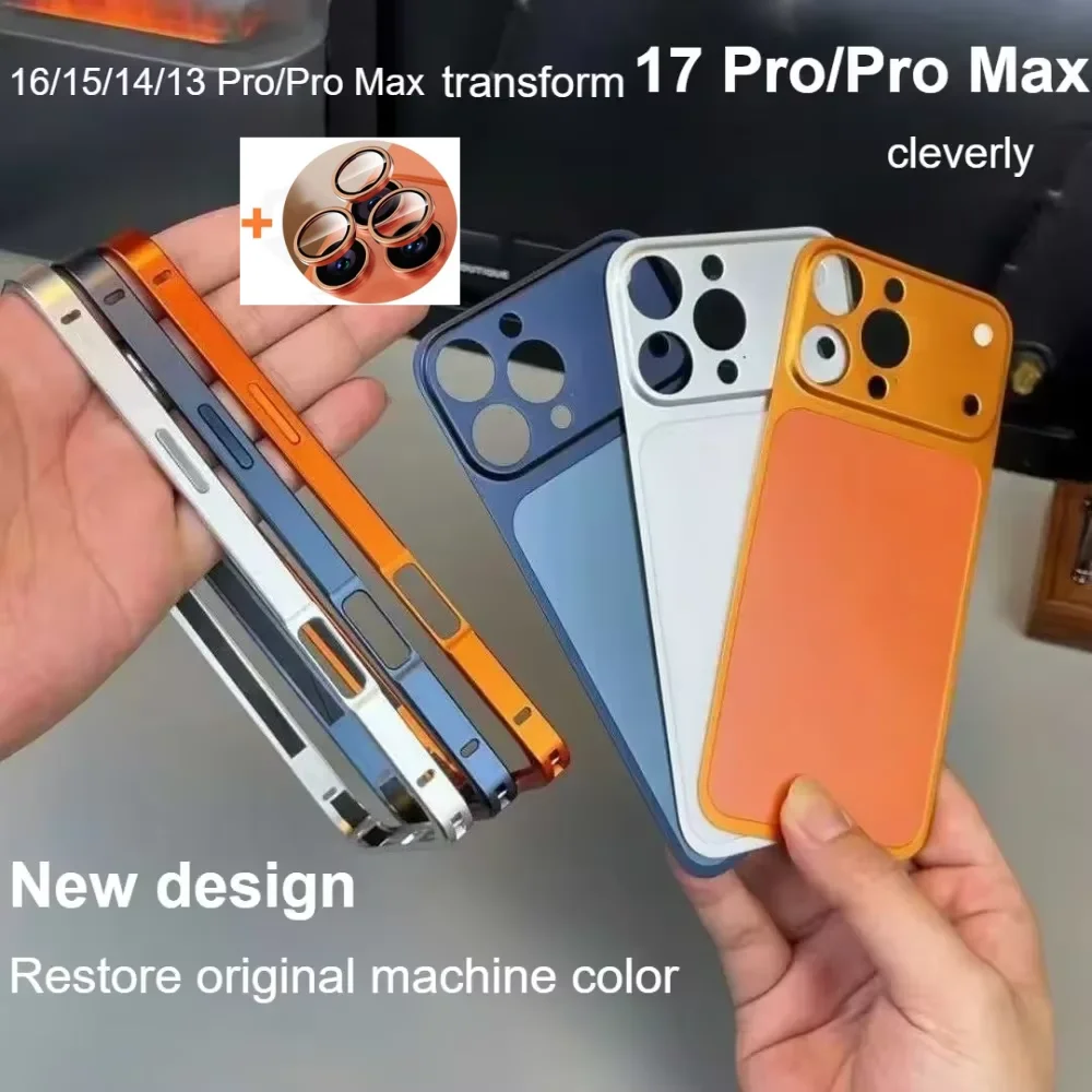Capa de Liga Metálica na Cor Original para 13 14 15 16 Pro Max, Atualização Instantânea para 17 Pro Max, Capa com Janela Grande e Película de Vidro para Lente