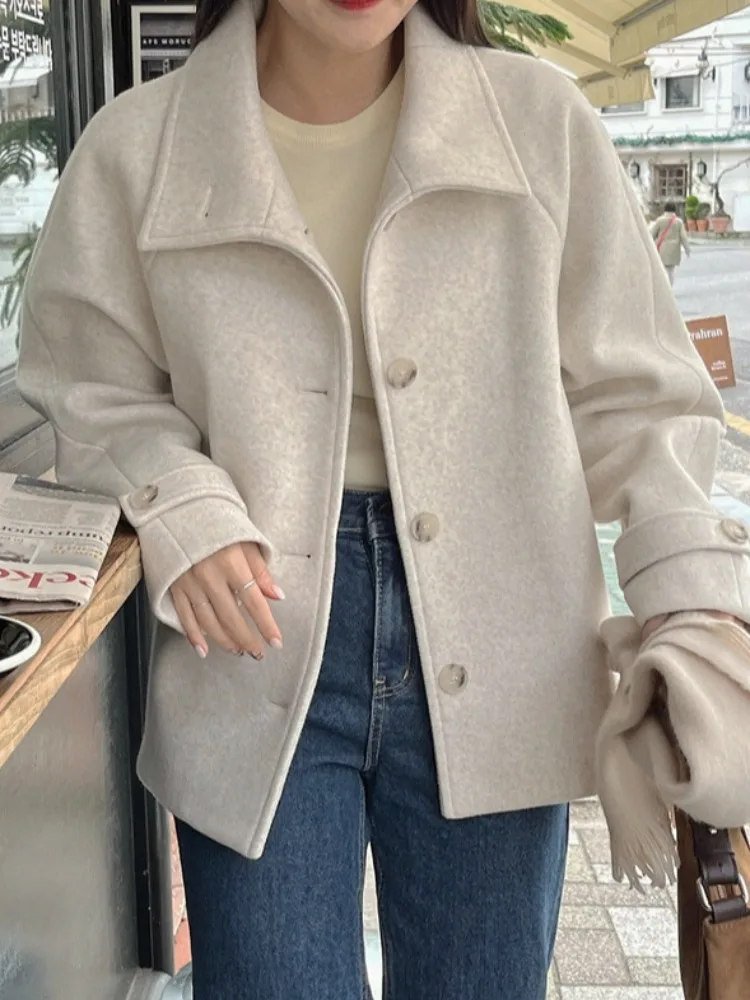 

Chic Winter Briti Sle Loose Fit High Collar Single Button Woolen Jaet Coat Women's Faion Outerwear Korean Sle Long ...