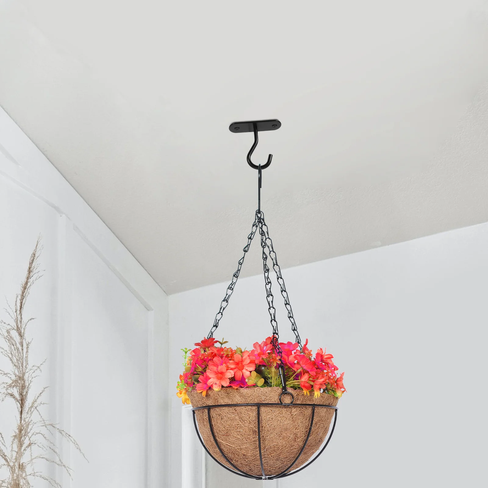 2 juegos de ganchos de pared para balcón, cesta colgante, ganchos para plantas, macetero de techo interior para plantas, perchas negras para exteriores
