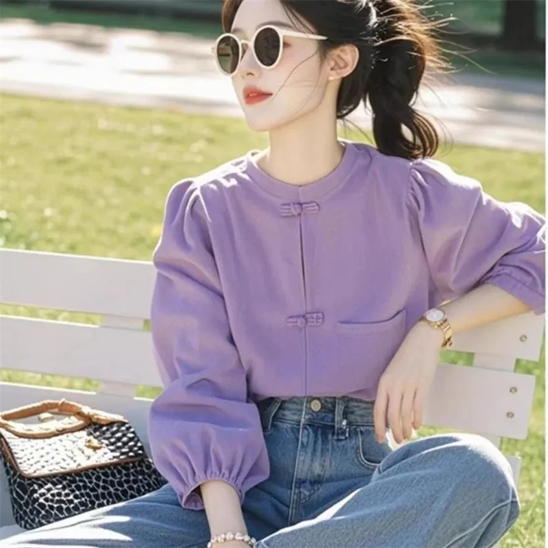 This Year's Trend Is Super Beautiful And Unique Western Style Design Purple New Chinese Style Buckle Round Neck Shirt For Spring