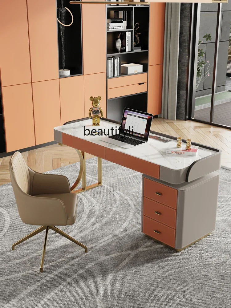 Light luxury solid wood desk saddle leather minimalist study living room computer table rock slab desk