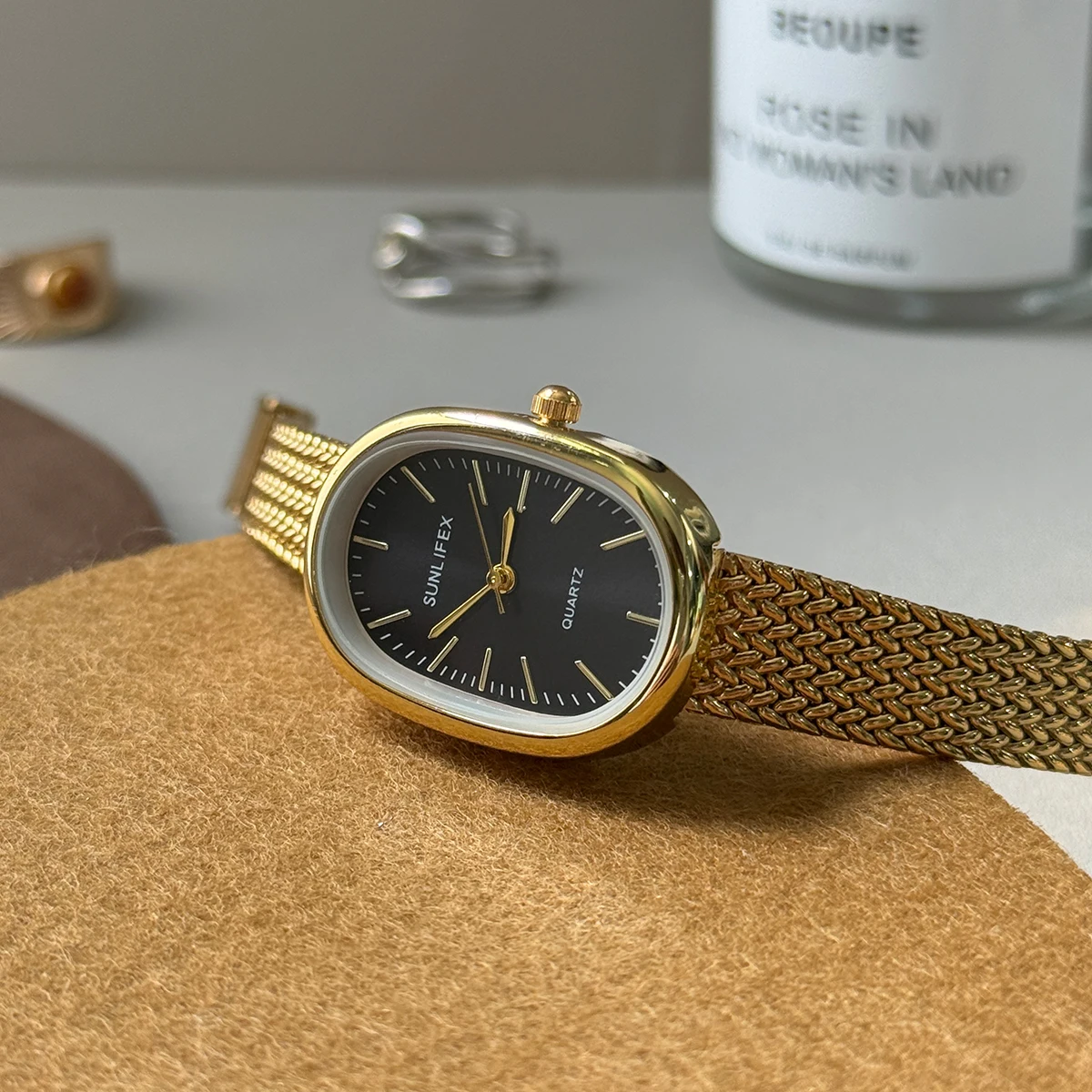 SUNLIFEX البيضاوي المرأة شبكة من الاستانلس استيل حزام ساعة فساتين راقية رقيقة جدا ساعات كوارتز بسيطة السيدات ساعات المعصم Reloj