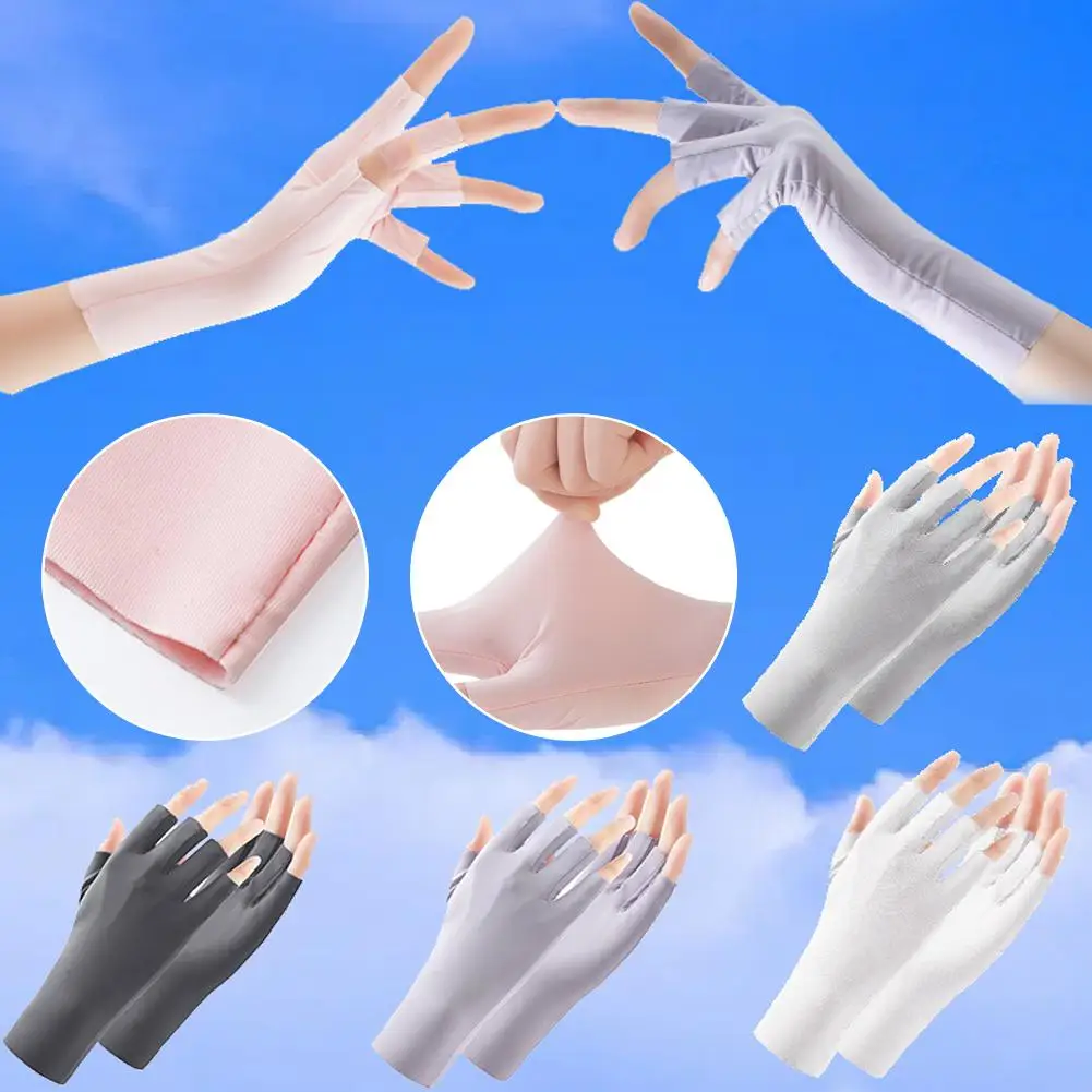 Summer Women's Ice Silk Thin Gloves Fingerless Half-finger Sunscreen Female Riding Gloves Touch Protection Driving UV Scree Y1P9