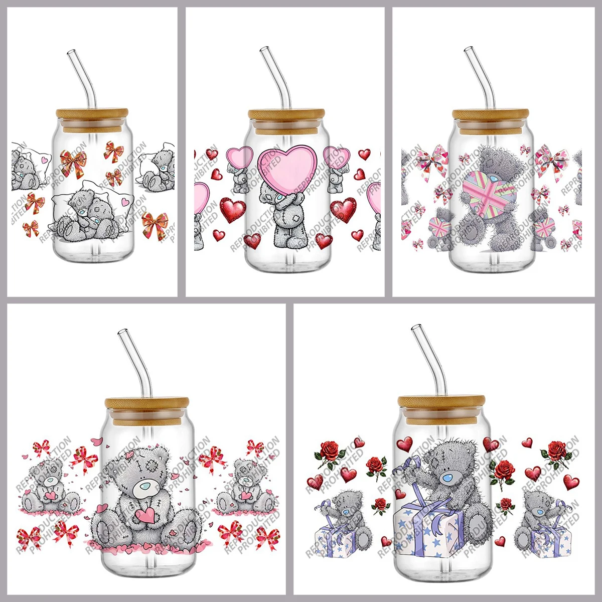

UV DTF Cup Wrap Stickers for 16oz Glasses Bear with Heart Vibrant High Viscosity Smooth Flat Hard Surfaces Glasses Tumbler