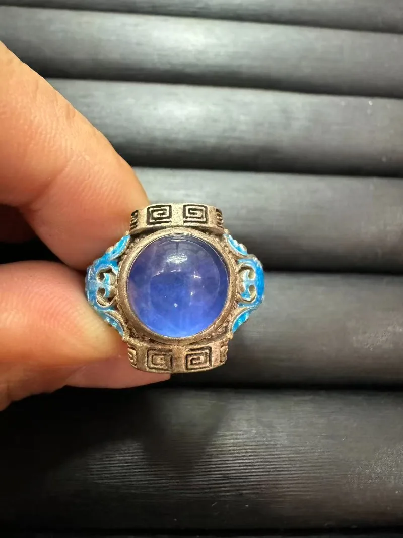 

Tibetan Silver Cloisonne Ring, Inlaid Blue Star Sapphire, Retro Ethnic Style, Adjustable Open Band, Unisex Vintage Finger