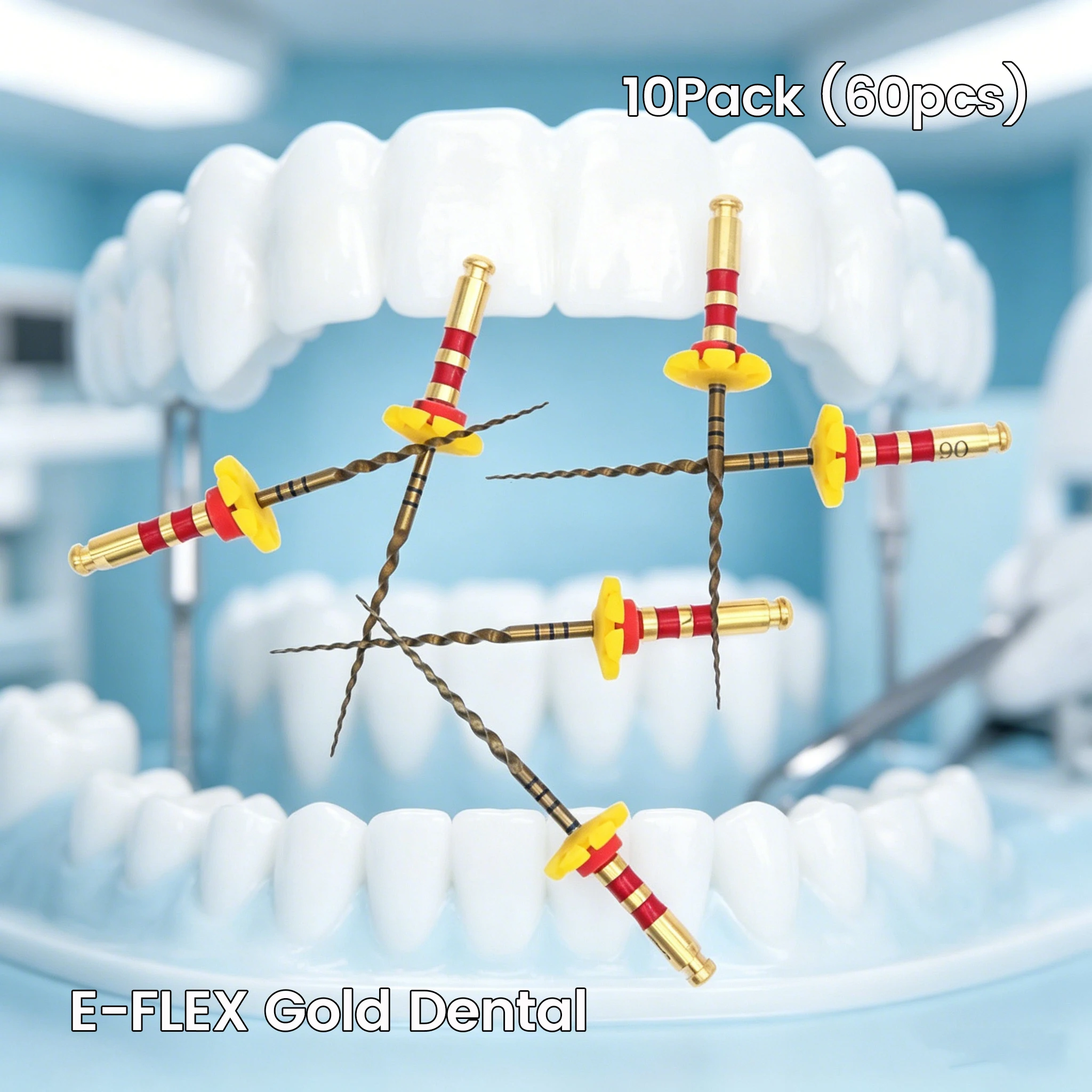 10Pack (60pcs) E-FLEX Gold Dental Ni-Ti Root Canal Files Rotary File Dental Open End Files/Unclogging Files/Shaping