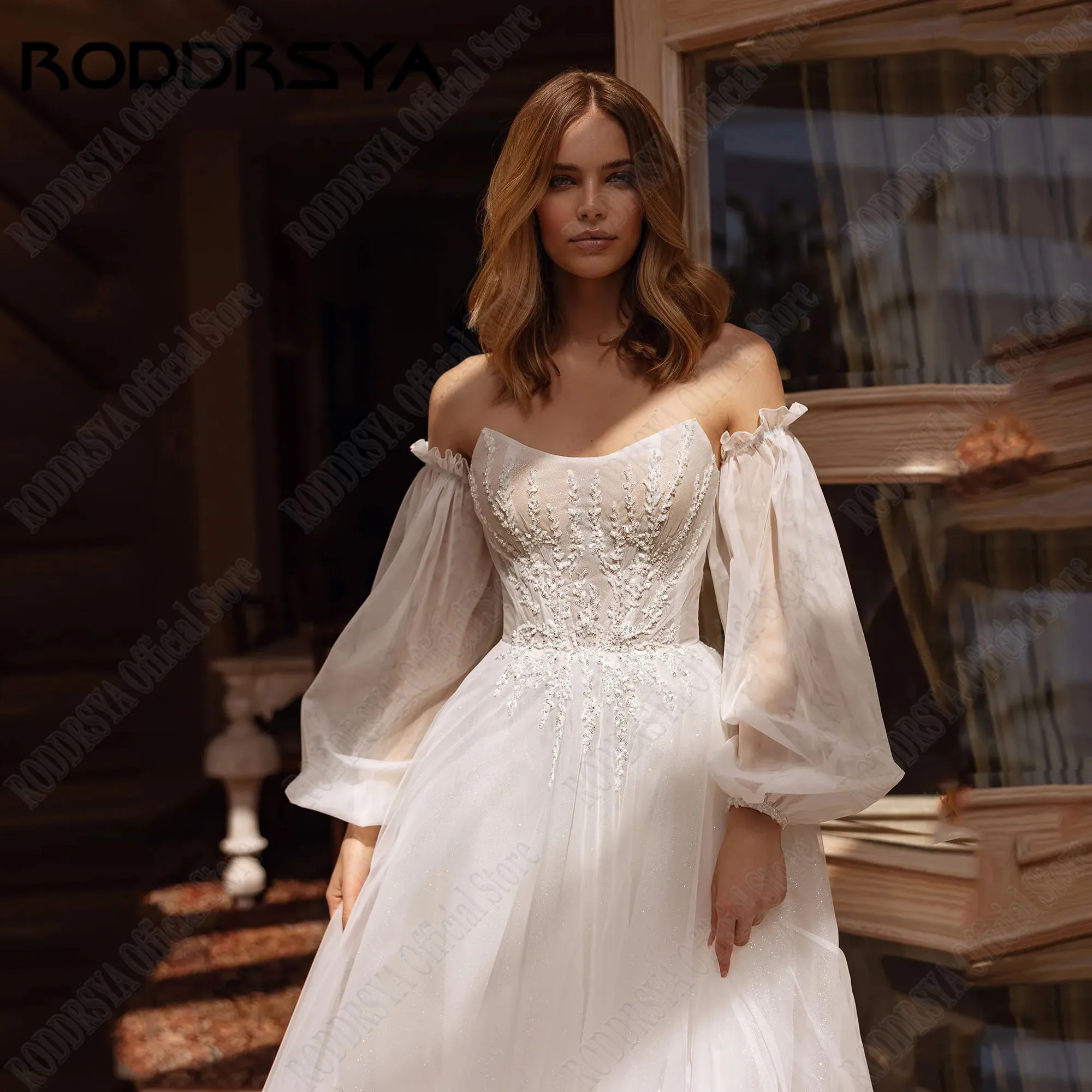 RODDRSYA ประกายชุดแต่งงานแขนที่ถอดออกได้ Strapless A-Line ชุดเจ้าสาว Appliques ที่กําหนดเองชุดเจ้าสาวเปลือย