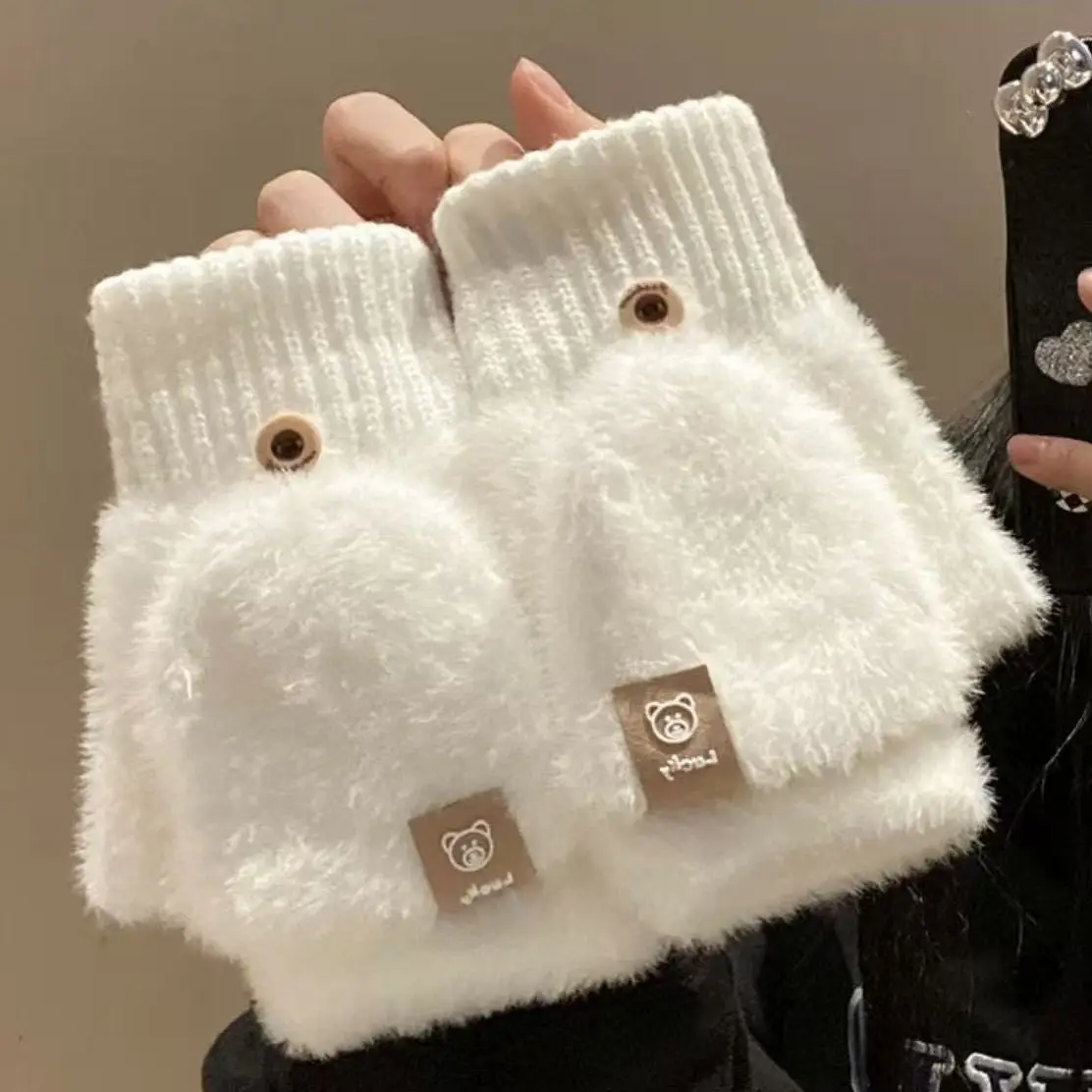 Winter Women's Fuzzy Gloves Flip-Top Student Writing Fingerless Mittens Warm Thick Cute Bear Typing Office Plush Lady Gloves