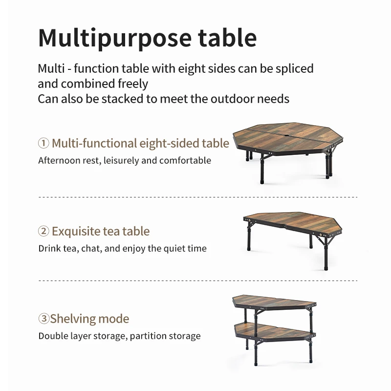 Naturehike Eight-sided Table Retractable Outdoor Camping Barbecue Table Portable Aluminum Lifting Folding Table Light Wood Grain