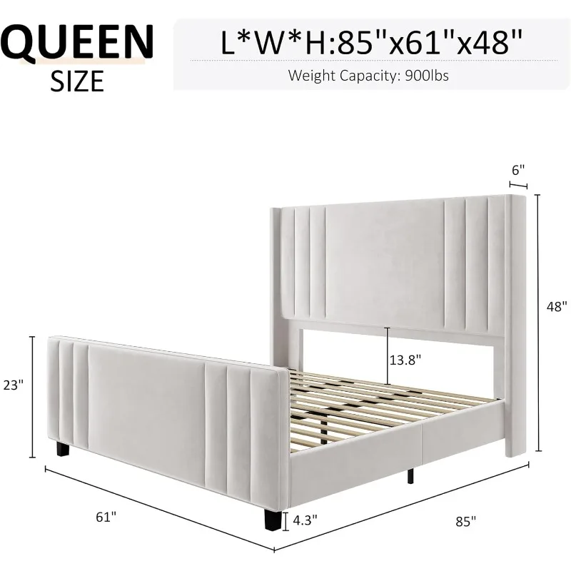 Velvet Upholstered Platform Bed with Vertical Channel Tufted Headboard & Footboard/Wingback,  No Box Spring Needed, Cream