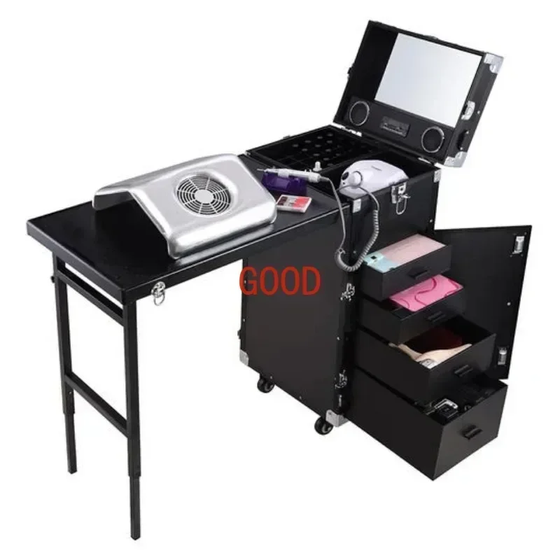 TAO Black Cosmetic Workstation Folding Rolling Portable Case Nail Tech Tables Manicure