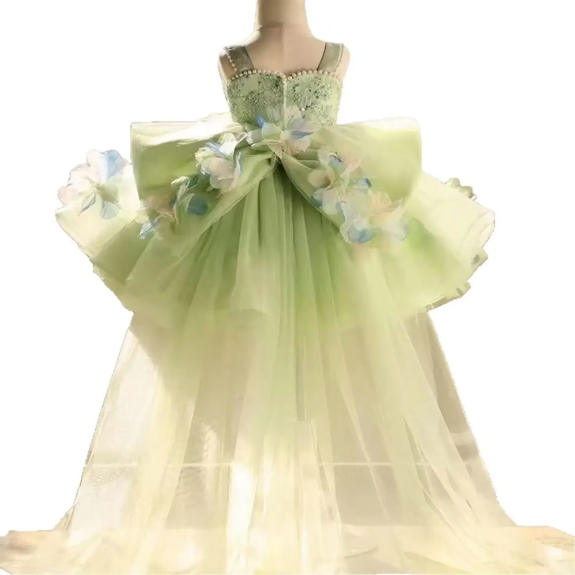 Green Forest Style Girls Formal Dress Kids Birthday Princess Gown Trailing Train Flower Girl Wedding Performance Dress 12M-10Y