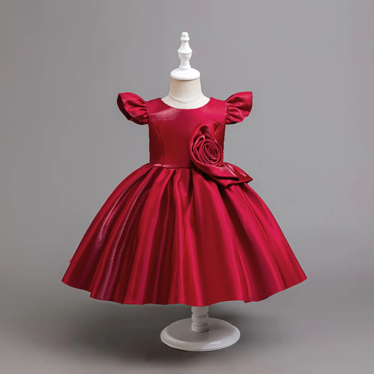 

3D Flower Kids Gown Girl Solid Color Dress Shiny Satin Flutter Sleeve Skirt Baby Princess Dress Children Performance Costume