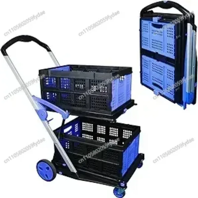 Folding  Cart, Two Tier Collapsible Cart with One Crate, Heavy Duty Utility Cart with Multiple Uses Folding Trolley