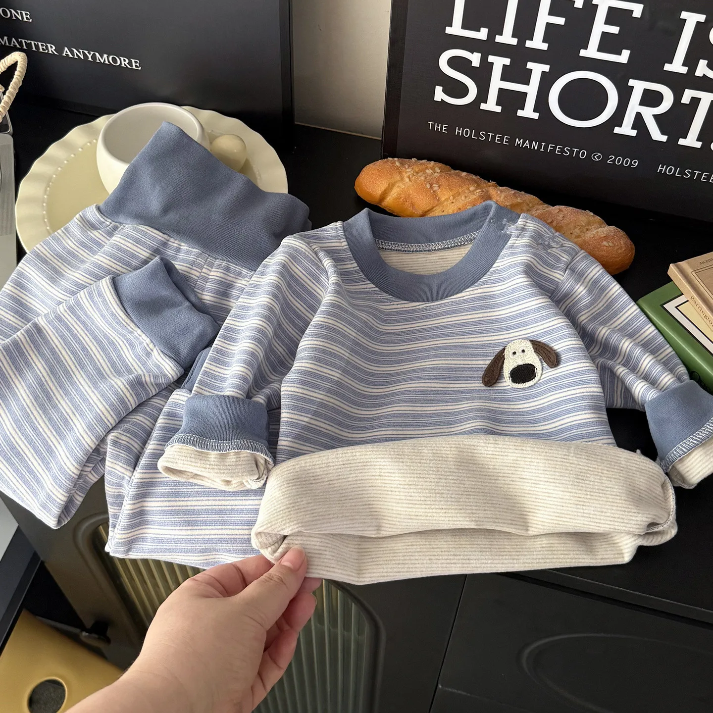 2PCS/Set Autumn Winter Thick Pajamas Children's Long Sleeve Home Clothes Fleece Lining Warm Underwear Clothes For Girls and Boys