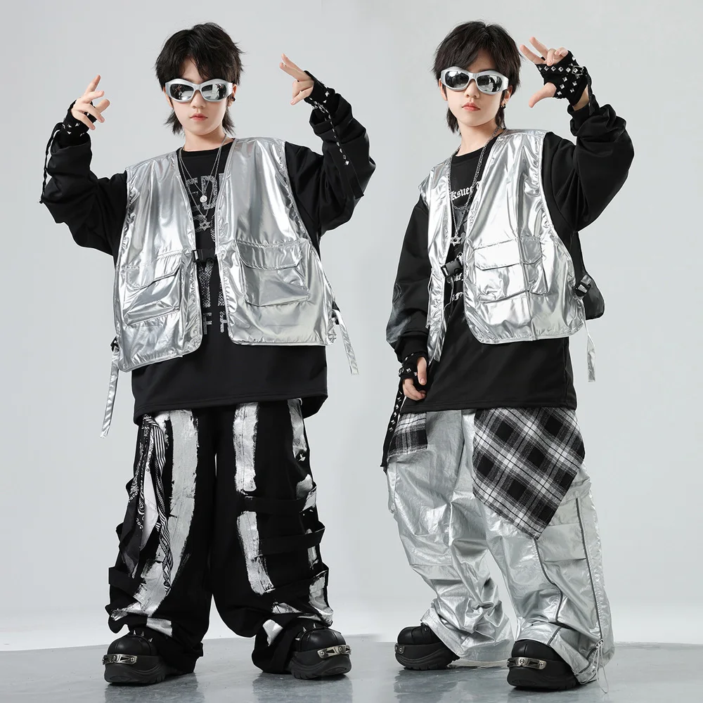 Children Boy Gilr Hip Hop Jazz Fashion Show Dance Performance Costume Clothes Silver Vest Baggy Pant T-shirt Sets Kids Tracksuit