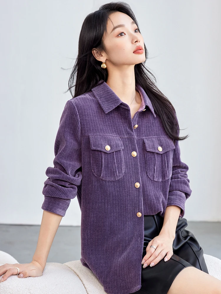 Autumn Korean Style Corduroy Shirt For Women Loose Single Breasted Blouses Temperament Solid Color Turn-Down Collar Shirt