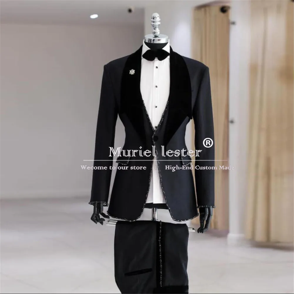 Black Groom Wedding Tuxedos Slim Fit Crystals Beaded Stoned Jacket Pants 2 Pieces Men Suits Formal Banquet Prom Blazer Sets 2024