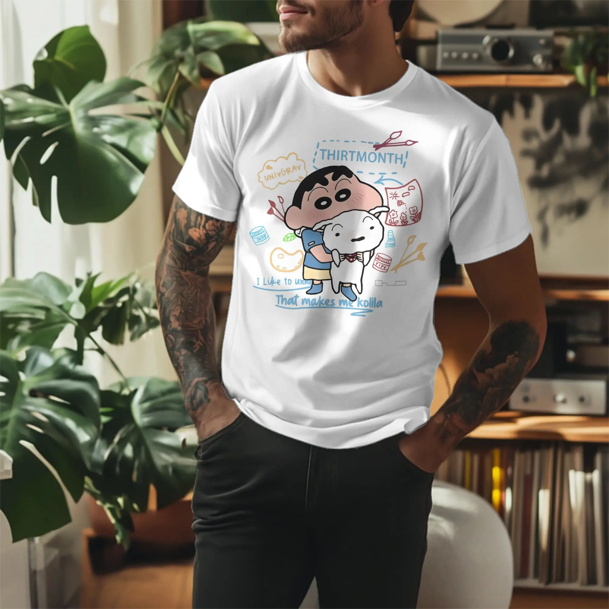 Retro Crayon Shin-Chan Holding Onto Shiro T Shirt Men Crewneck Short Sleeve Top Tee  Cotton Summer Clothes