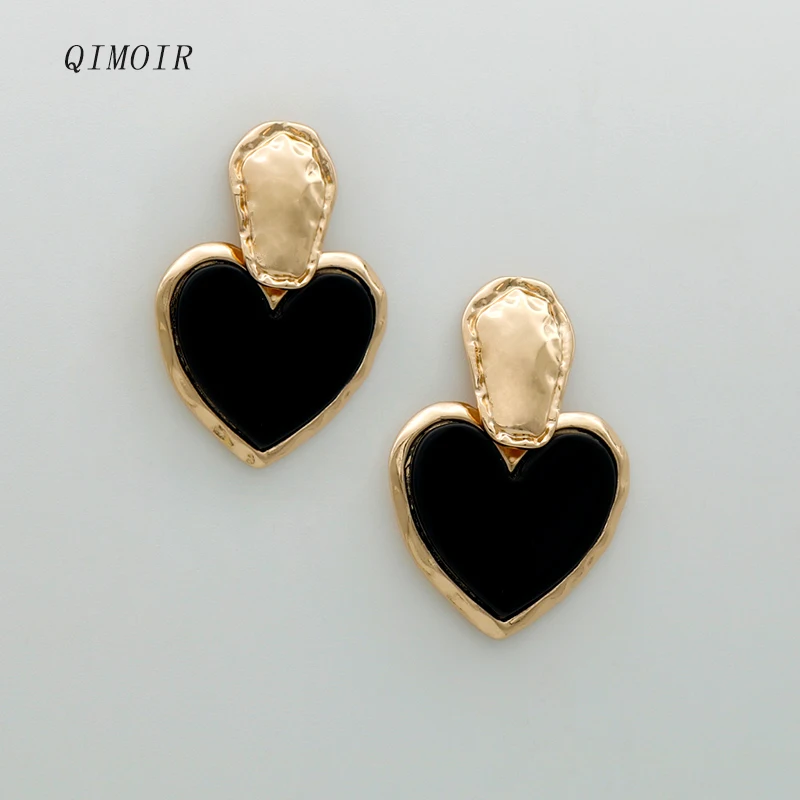 Black Statement Heart Earrings Big Resin Heavy Large Hammered Irregular Zinc Alloy Metal Drop Stud For Women Dangle Design C1056