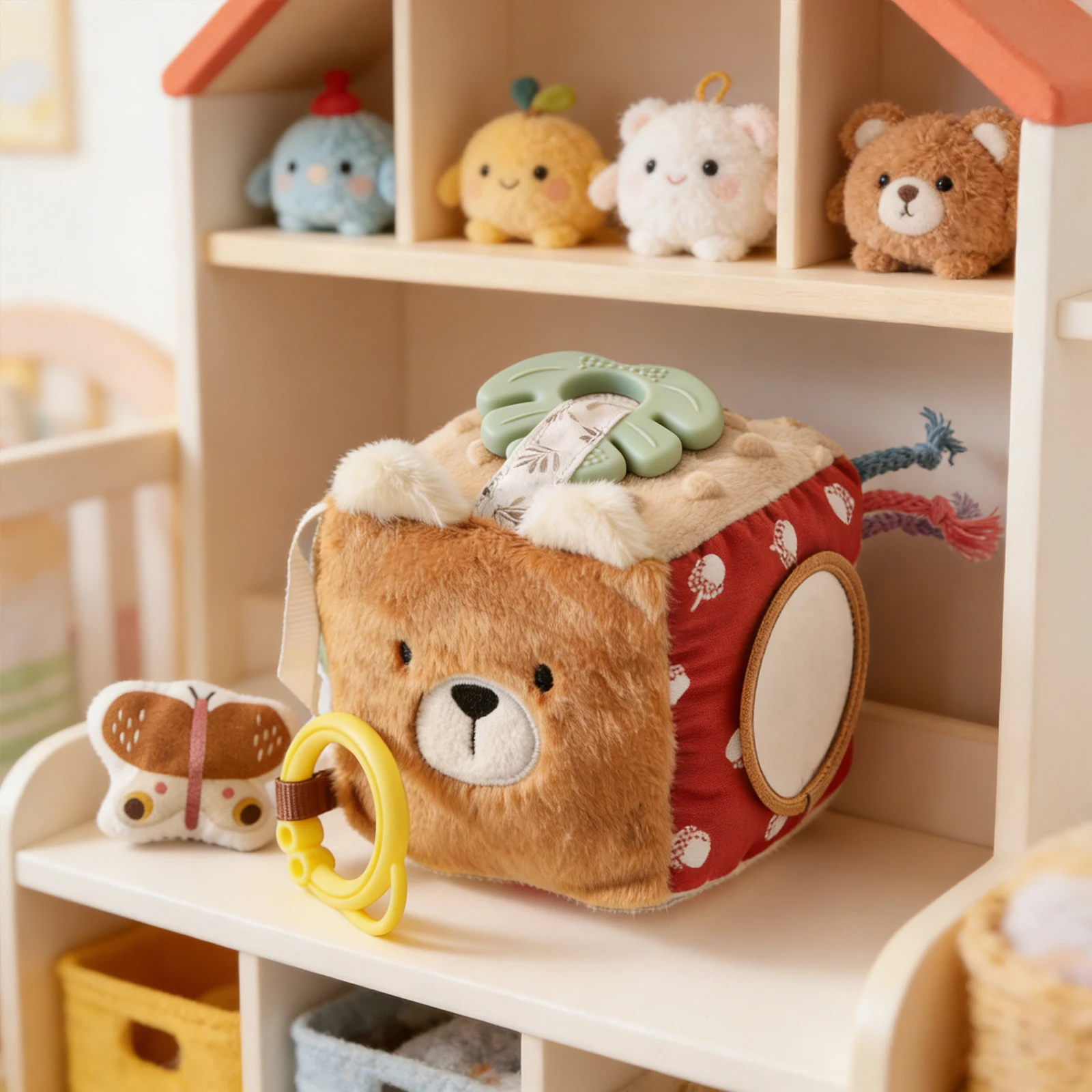 Montessori Baby Gift Set, Cotton Lamb Soothing Toy, Wooden Rattle Teether, Sensory Fabric Book & Mirror, Newborn 0-12M