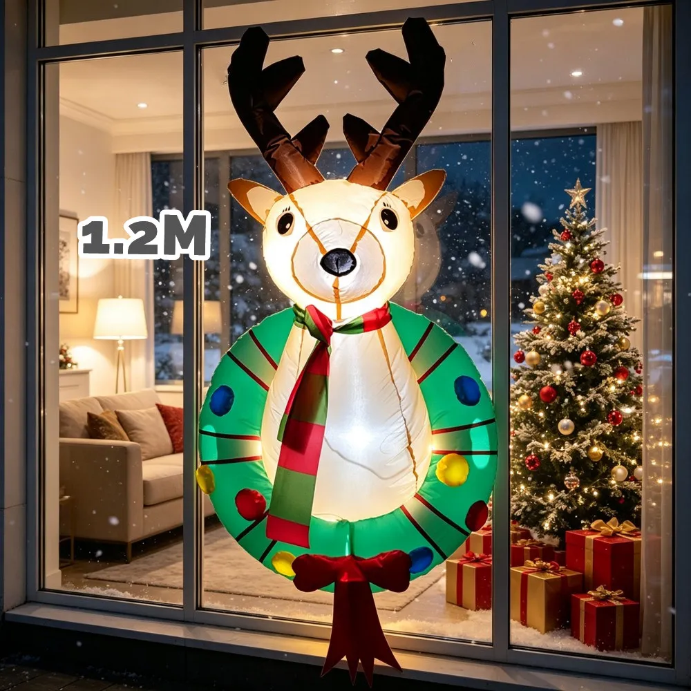 Christmas 1.2M Inflatable Reindeer Wreath With Built LED Lights Indoor And Outdoor Courtyard Porch Garden Fireplace Decoration