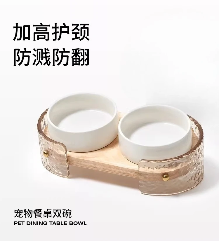 

Cat Ceramic Feeding Bowl, Solid Wood Frame, Dog Neck Protection Drinking Basin, Anti-overturning