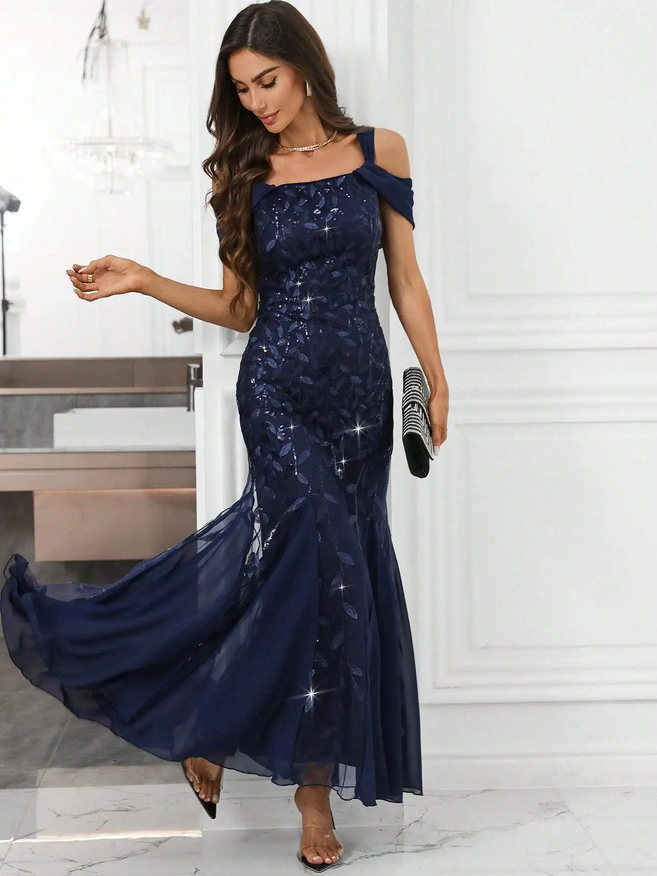 

Элегантное вечернее платье-русалка с открытыми плечами и пайетками для торжественных мероприятий, свадеб, выпускных вечеров