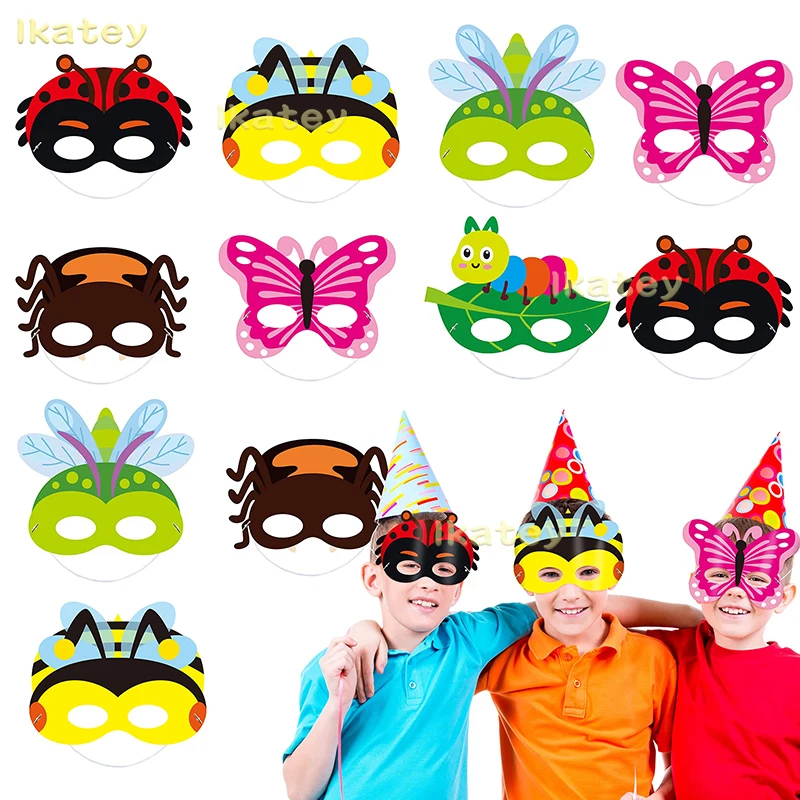 30Pcs Summer Insect Bugs Paper Elastic Masks for Kids Butterfly Bee Ladybug Costume Dress-Up Party Supplies Photo Booth Prop Kit