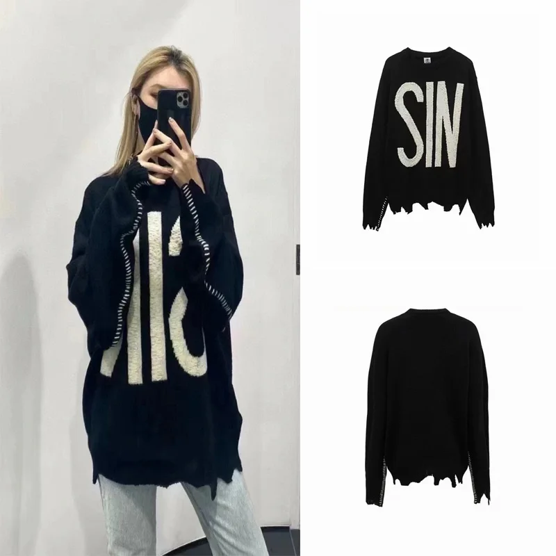 

Sin Embroidery Knitt Label Saint Round Neck Sweater Hem Damaged Men Women Vintage High Quality 1:1 Knitted Sweaters Pullovers