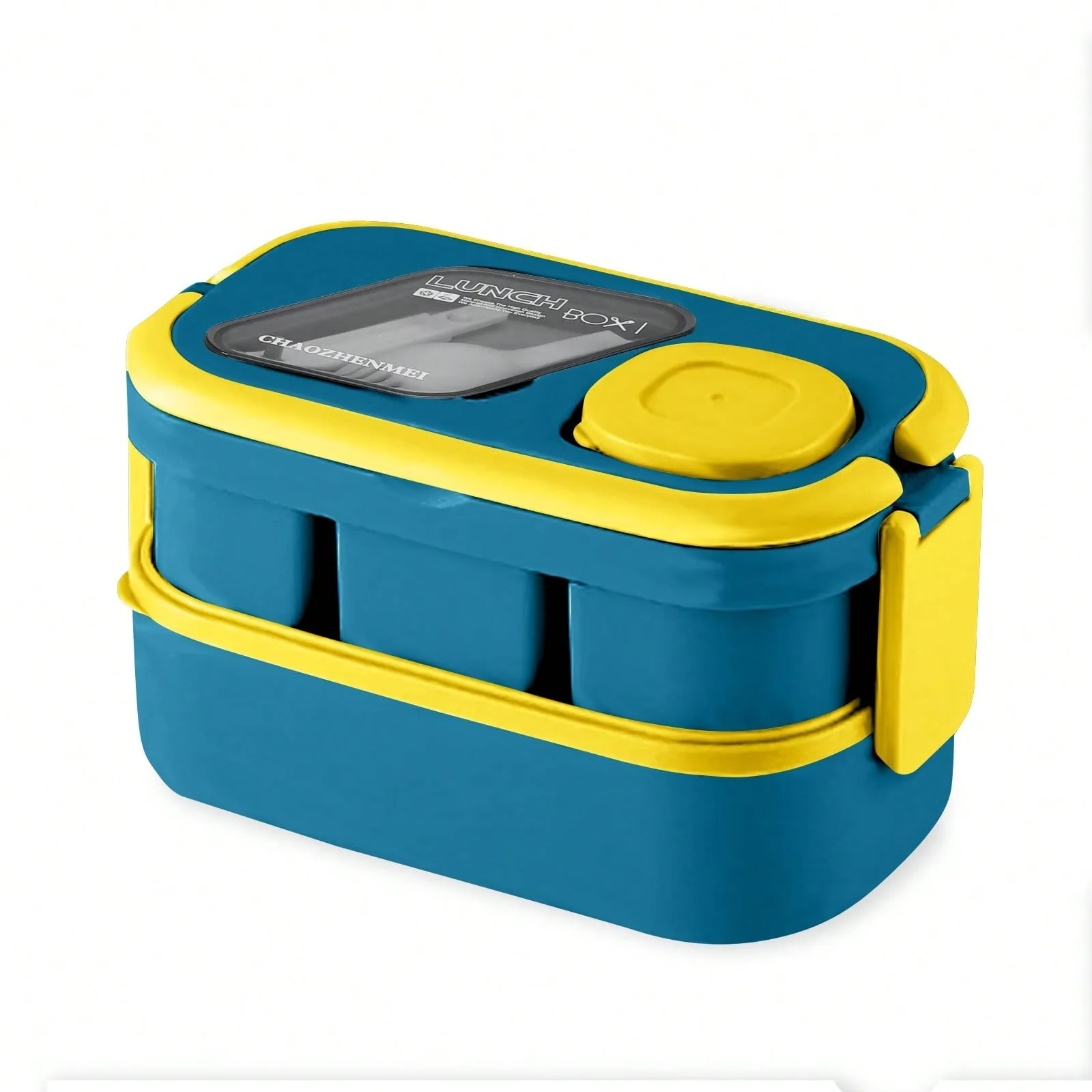 50oz Large Capacity Stackable Lunch Bento Box with Carry Handle, 4 Compartment Food Container, Matching Salad Bowl & Complete Utensils Included, Microwave Safe Meal Box for Daily Use view 2