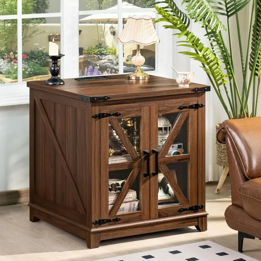 

Farmhouse End Table with Charging Station, 24" Large Sofa Side Table with Glass Barn Door, Nightstand w/ Adjustable Shelf, Squar