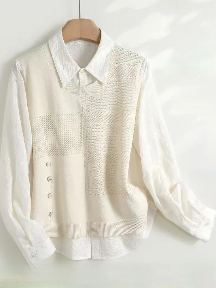 

Casual Loose Fashionable Silk Knitted Sweater Fake Two-Piece Style Versatile Slimming Spring Summer Brand Outlet Clothing