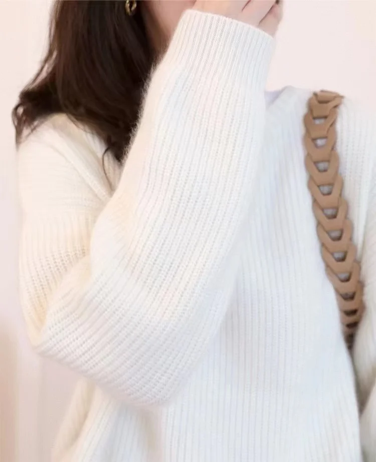 Suéter de cachemira para mujer, jersey blanco Vintage, Jersey de punto de Cachemira, suave, blanco, cuello redondo