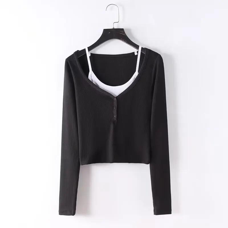 Slim Babes Fake Two Pieces for Women 2024 Autumn Casual Sexy Top for Female Slimming long-sleeved T-shirt for Ladies